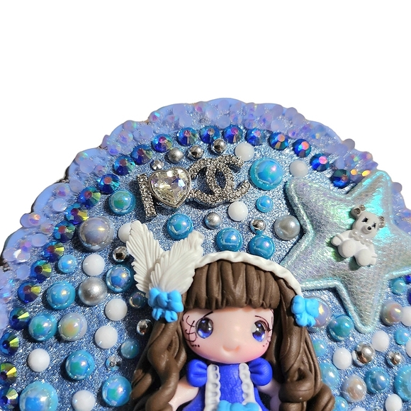 Handheld Makeup Mirror Bling Embellished Custom Decorated Blue - Picture 3 of 5